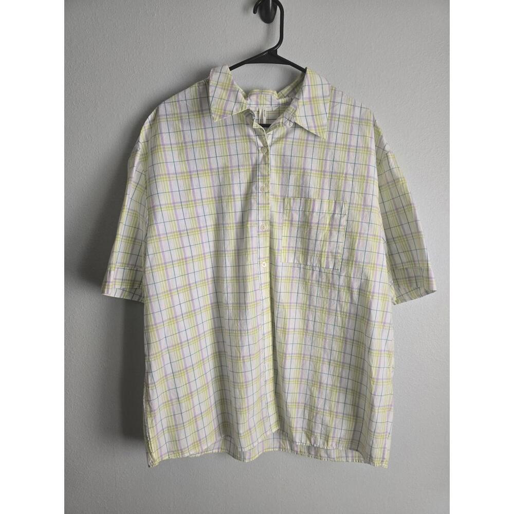 Anthropologie Plaid Boyfriend Oversized Button Down 100% Cotton Short Sleeve(M)